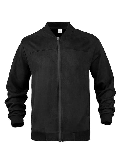 Black suede-look zip-up jacket laid flat from the front, with ribbed collar, cuffs and hem 21