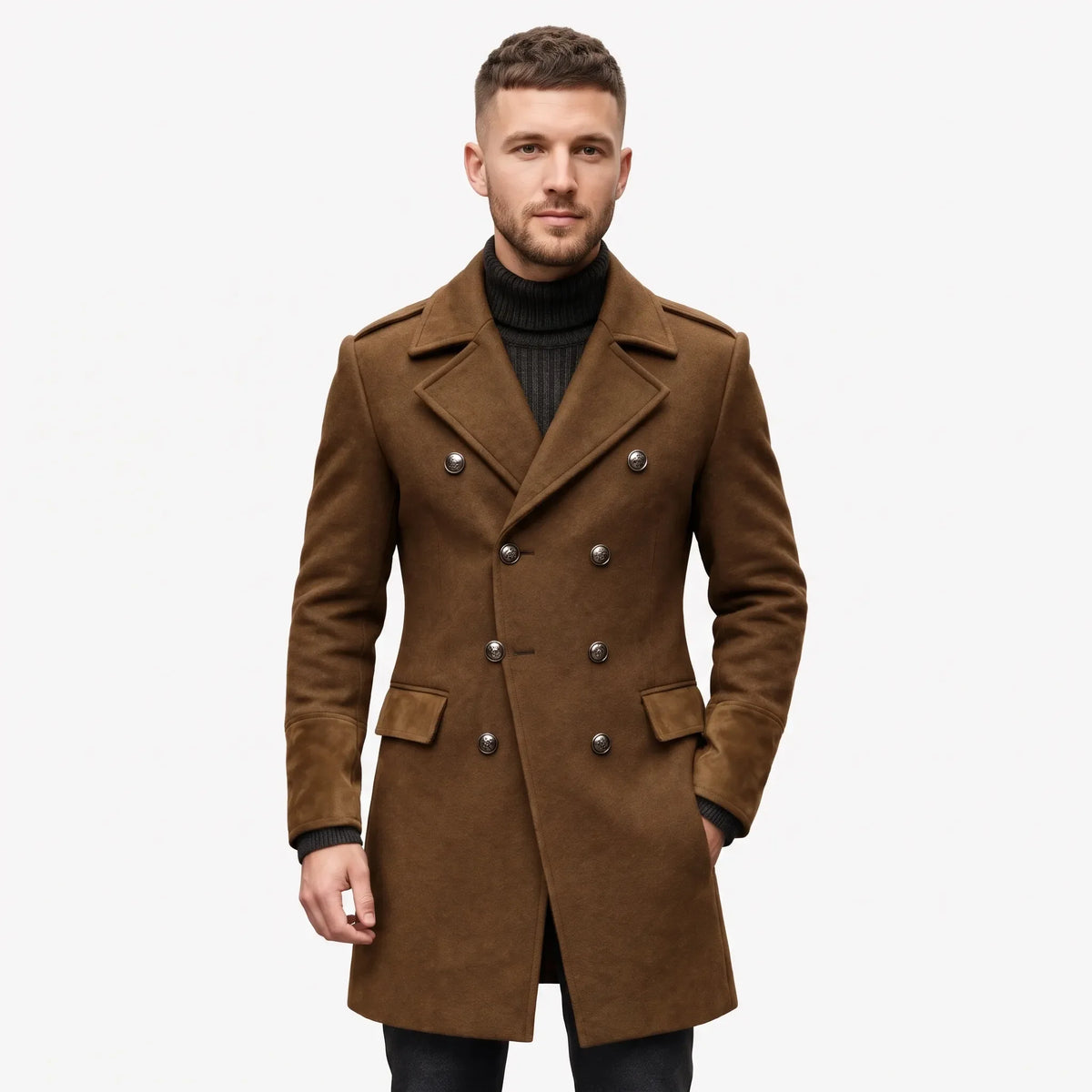 Man wearing the double-breasted overcoat in tan-brown with suede-look cuffs and pocket flaps over a dark roll-neck 21