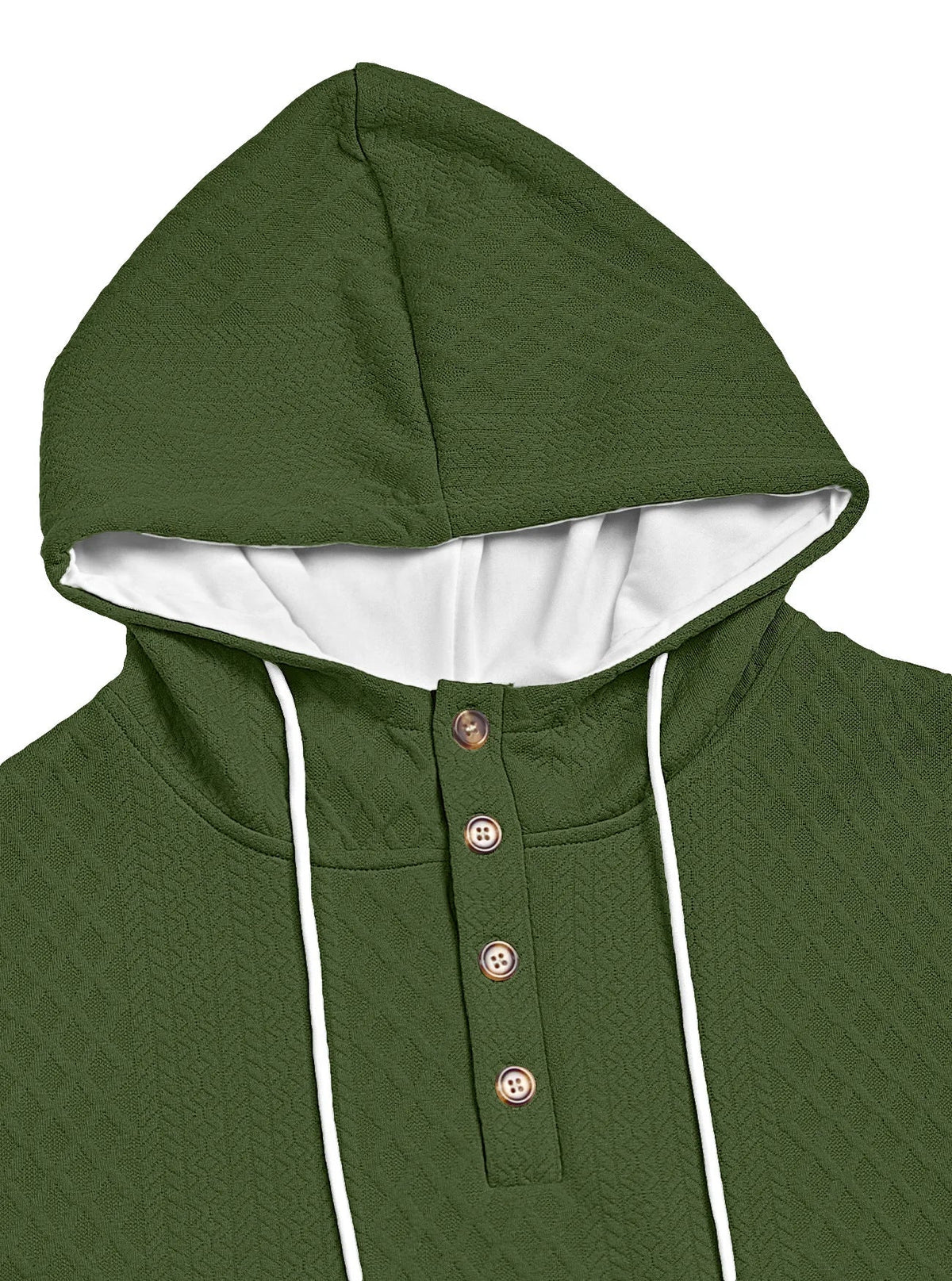 Close-up of the olive green textured hood, white lining, drawcords and four-button placket 21