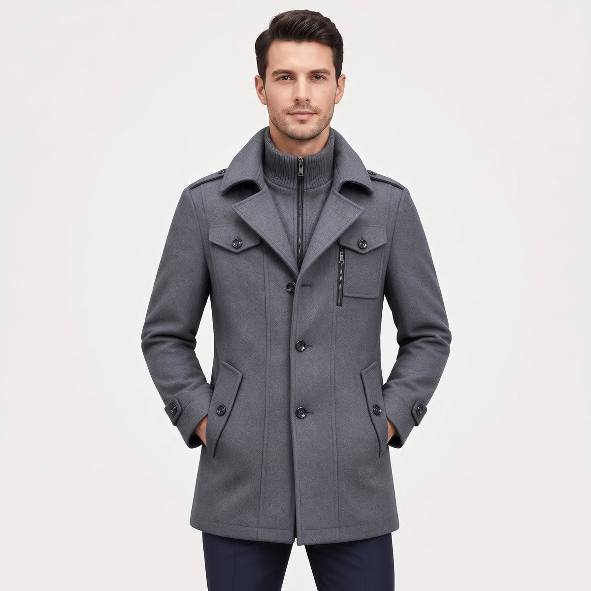 Man wearing the grey overcoat, buttoned, with the knitted zip-up inner collar and flap pockets 21