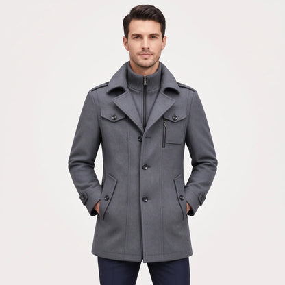 Man wearing the grey overcoat, buttoned, with the knitted zip-up inner collar and flap pockets 21