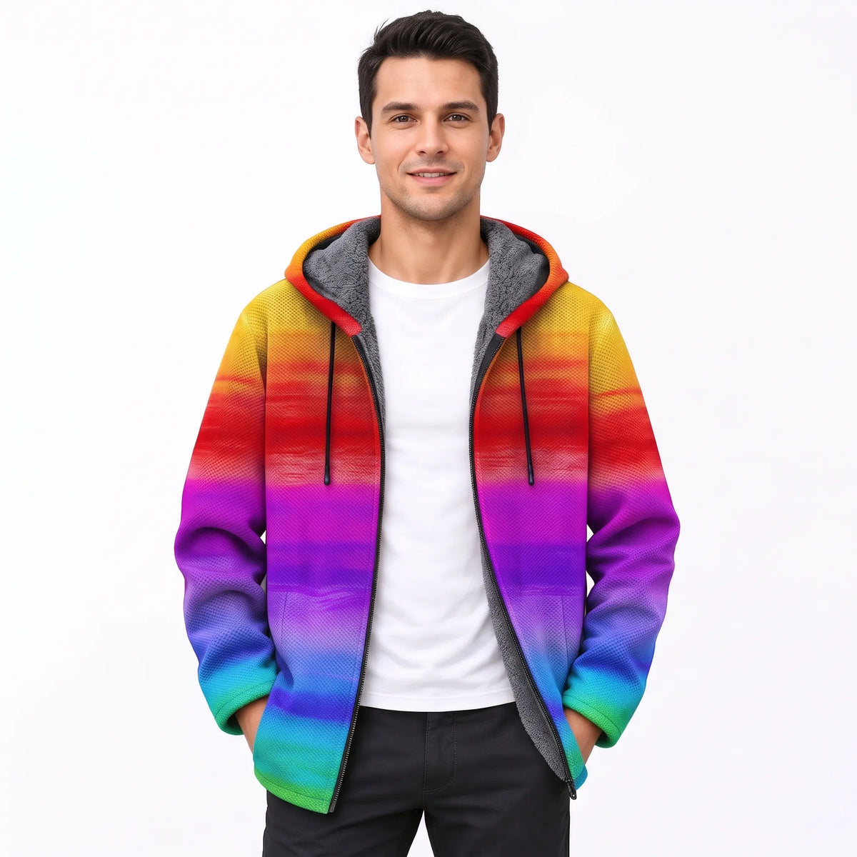 Man wearing the unzipped hooded jacket in rainbow horizontal stripes, grey fleece lining showing, over a white t-shirt 21