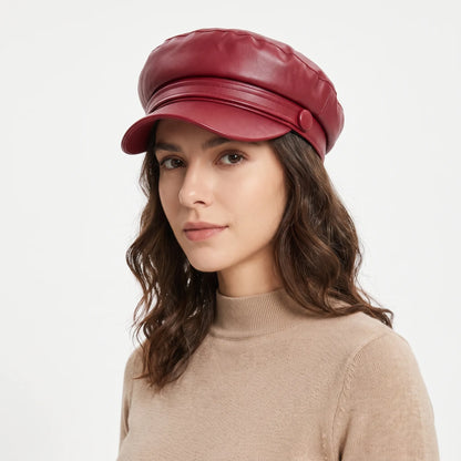 Woman wearing the baker boy hat in burgundy faux leather with button band, over a beige jumper 21