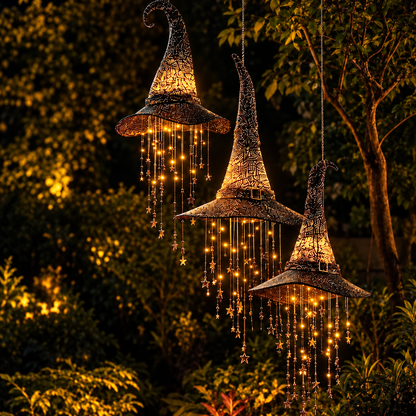 Three lit witch hats with trailing star strings hang from branches in a dark garden at night, glowing warm amber. 2
