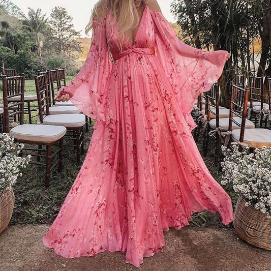 Swinging Pink Chiffon Dress with Flared Sleeves - Isabelle