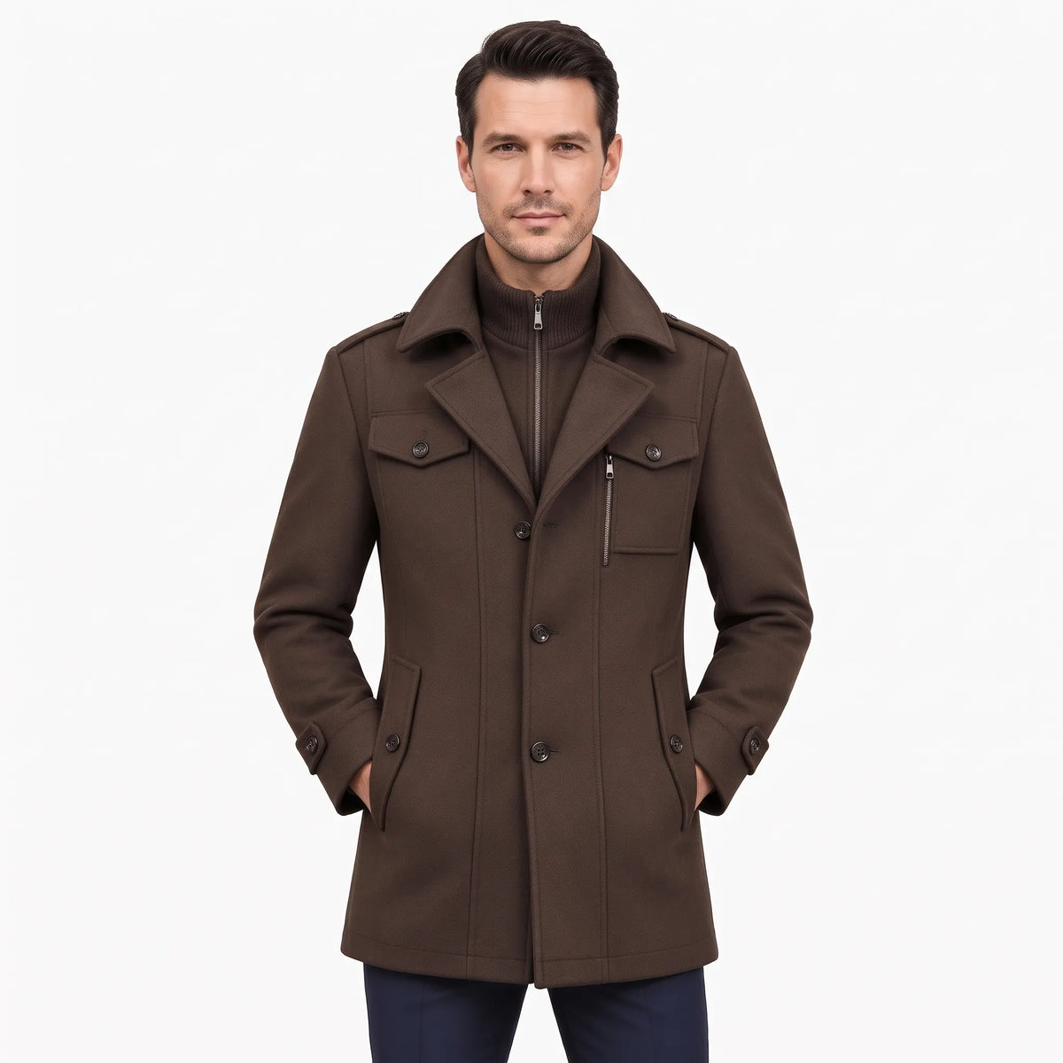 Man in the dark brown version of the overcoat, front view, hands in pockets 22