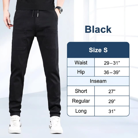 Model in black trousers with a size S chart listing waist, hip and inside leg lengths in inches 4