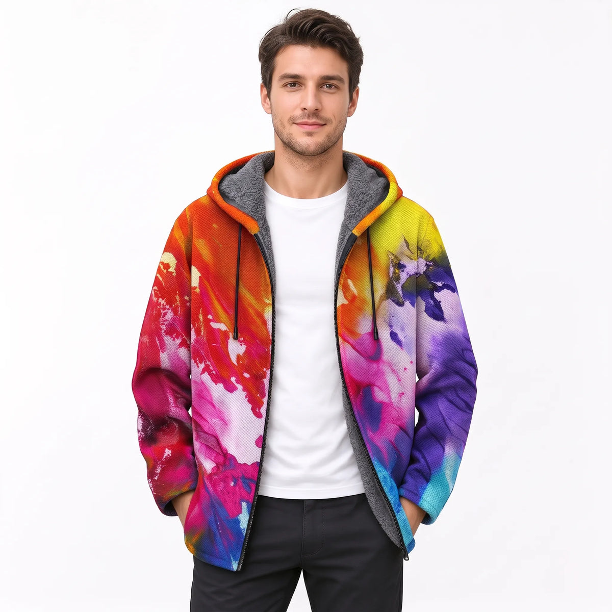 Man wearing the open hooded jacket in a bright abstract paint-splash print, with grey fleece lining visible 22