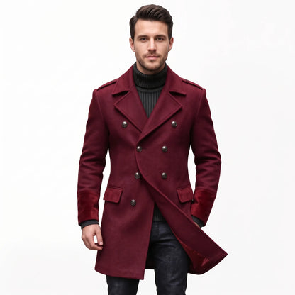 Man wearing the overcoat in deep burgundy, one front panel swung open to show the satin lining 22