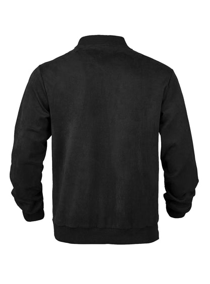 Back view of the black jacket laid flat, showing plain suede-effect panel and ribbed trims 22