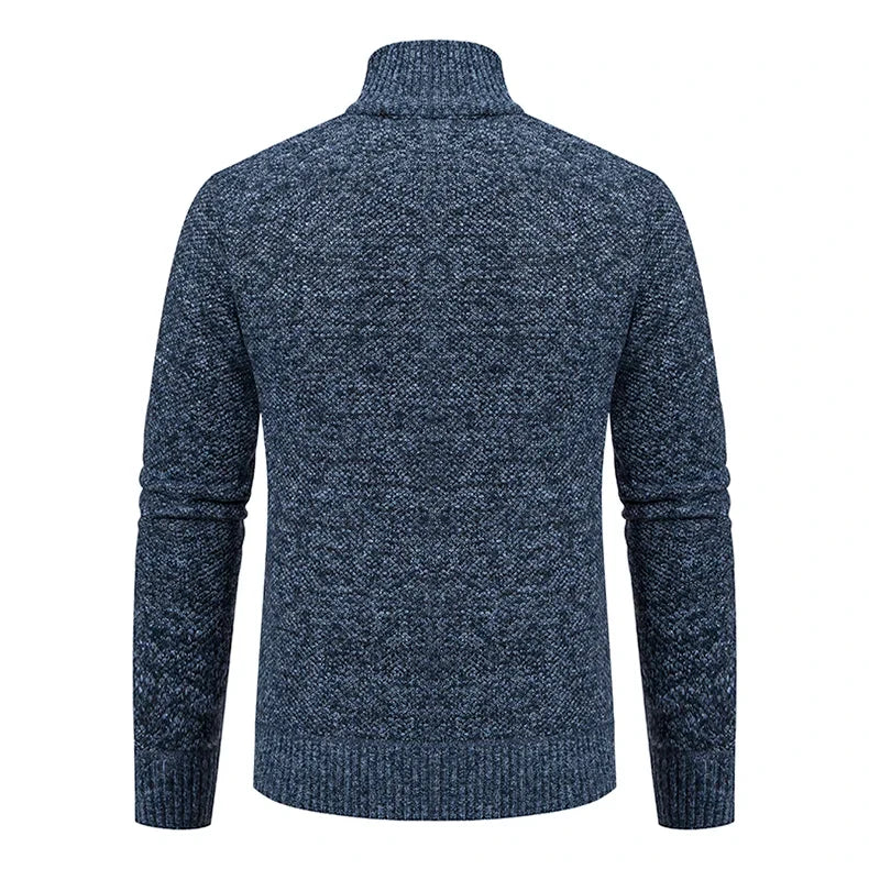 Back view of the blue-grey marl cardigan, showing the textured knit, high collar and ribbed hem 22