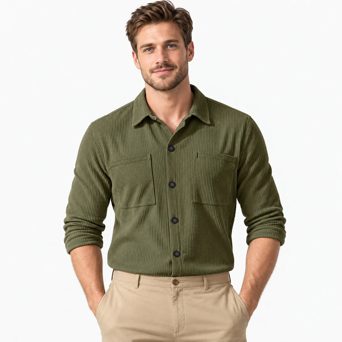 Man wearing the olive green corduroy shirt with dark buttons and two chest pockets, hands in pockets 22