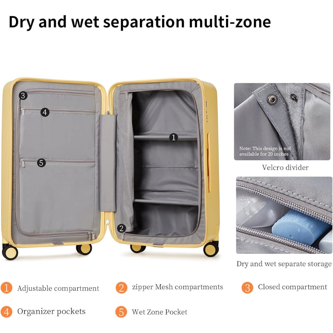 Airport-approved 55 cm hand luggage with a 30:70 split and a three-part polycarbonate hard shell.