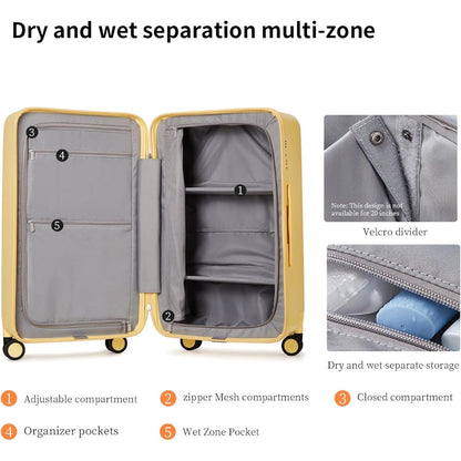 Airport-approved 55 cm hand luggage with a 30:70 split and a three-part polycarbonate hard shell.