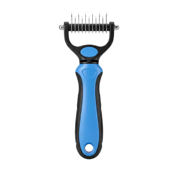 Front view of the blue and black rake on a white background, showing the slender stainless steel teeth and looped handle end. 10
