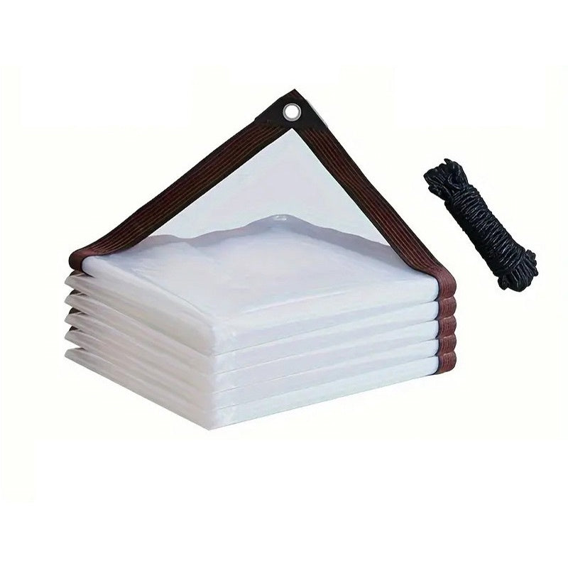 Stack of folded clear tarps with brown edging and a corner eyelet, beside a coil of black rope. 10