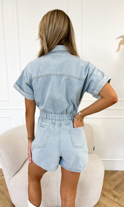 Trendy short-sleeved denim jumpsuit with shirt design – Mila