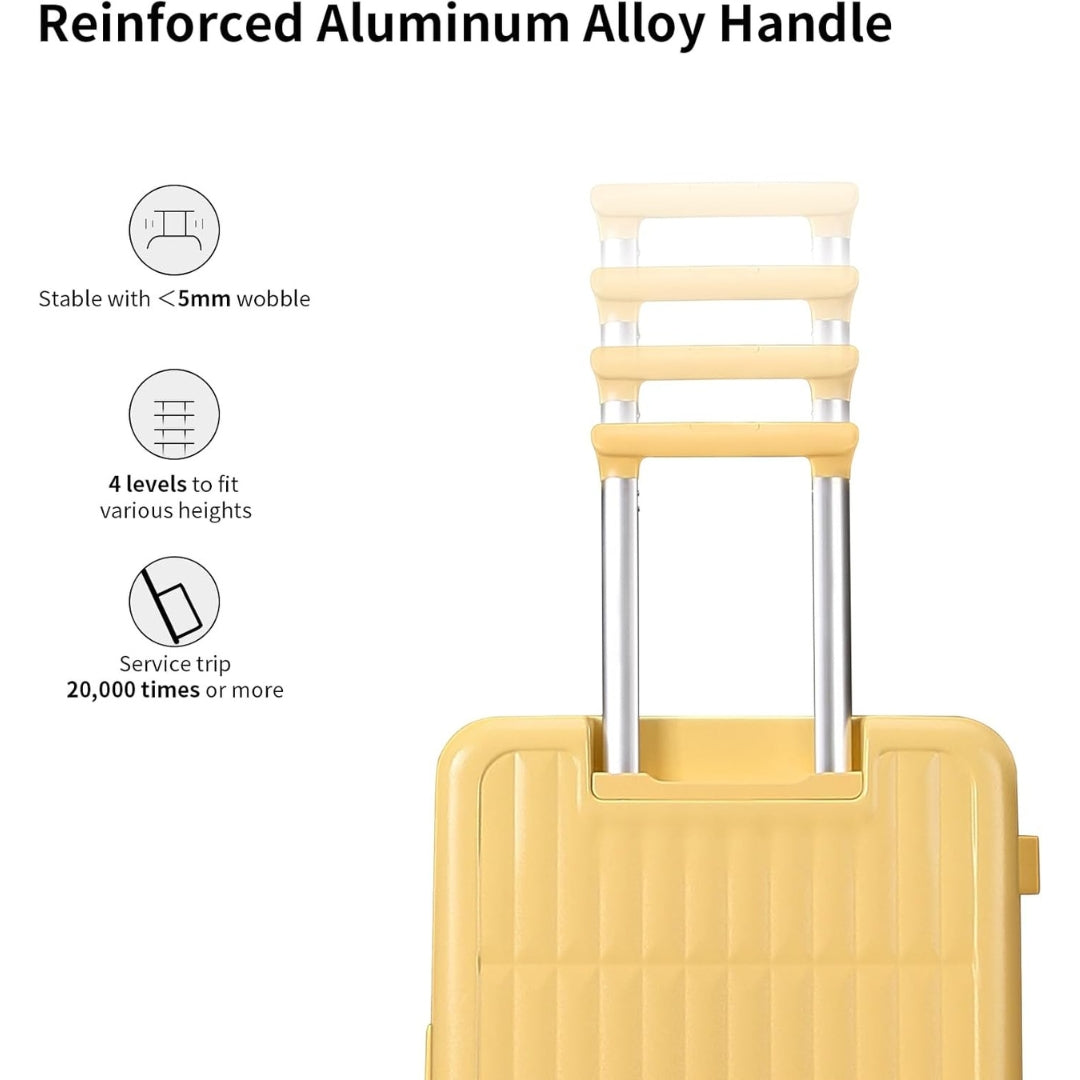 Airport-approved 55 cm hand luggage with a 30:70 split and a three-part polycarbonate hard shell.