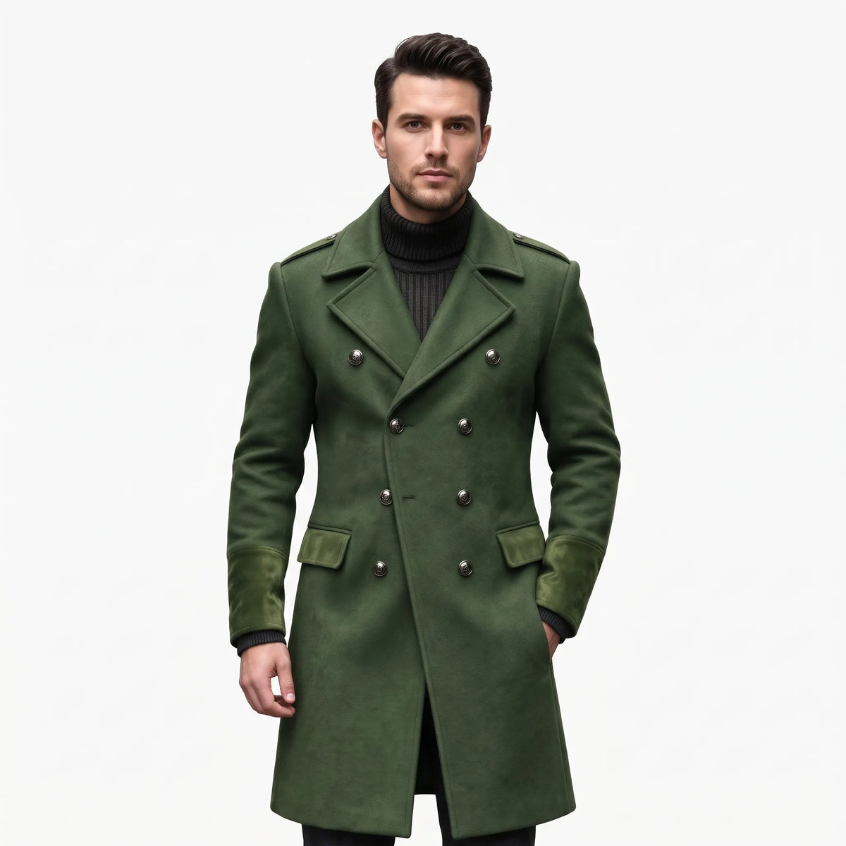 Man wearing the overcoat in olive green with matching suede-look cuffs and flaps, hand in pocket 23