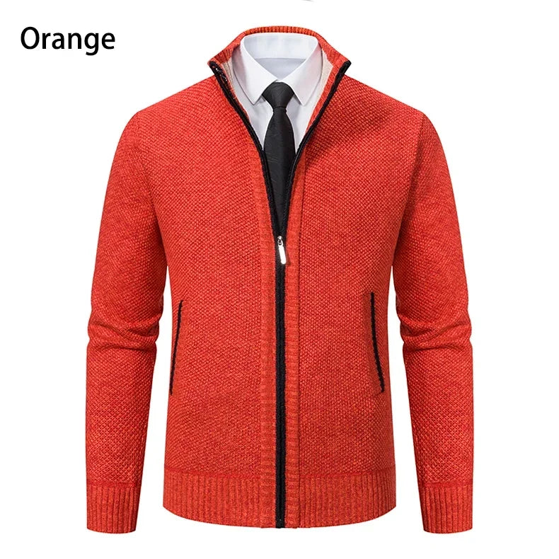 Front view of the orange cardigan with black zip and pocket trim, worn over shirt and tie 23