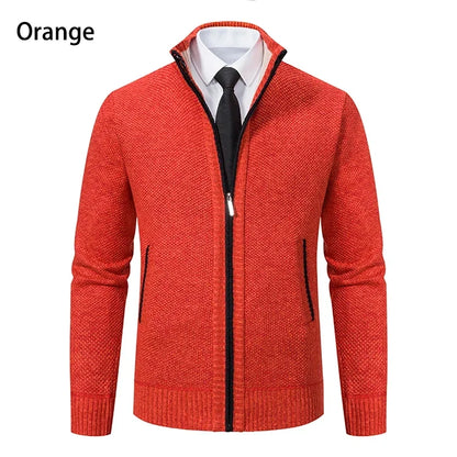 Front view of the orange cardigan with black zip and pocket trim, worn over shirt and tie 23