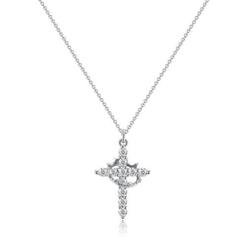 Front view of the silver-tone crystal cross pendant on its fine chain, the crown outline visible at the centre. 6