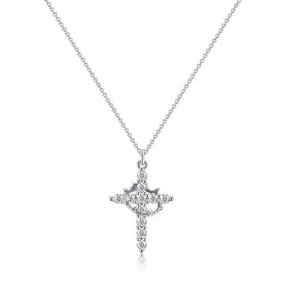 Front view of the silver-tone crystal cross pendant on its fine chain, the crown outline visible at the centre. 6