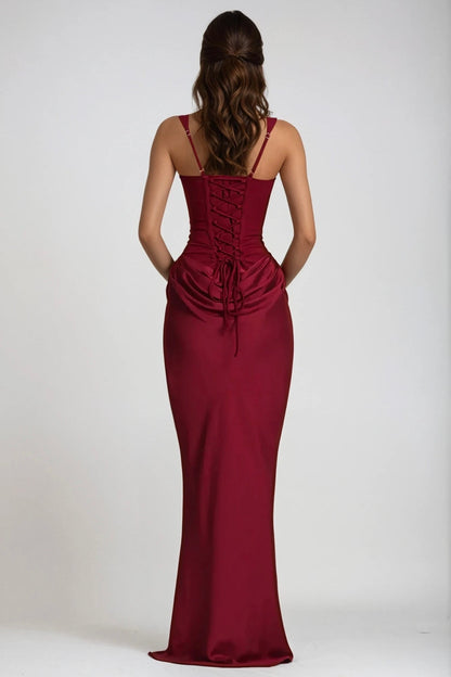 Back view of the burgundy dress on a model, showing lace-up corset back and adjustable straps 23