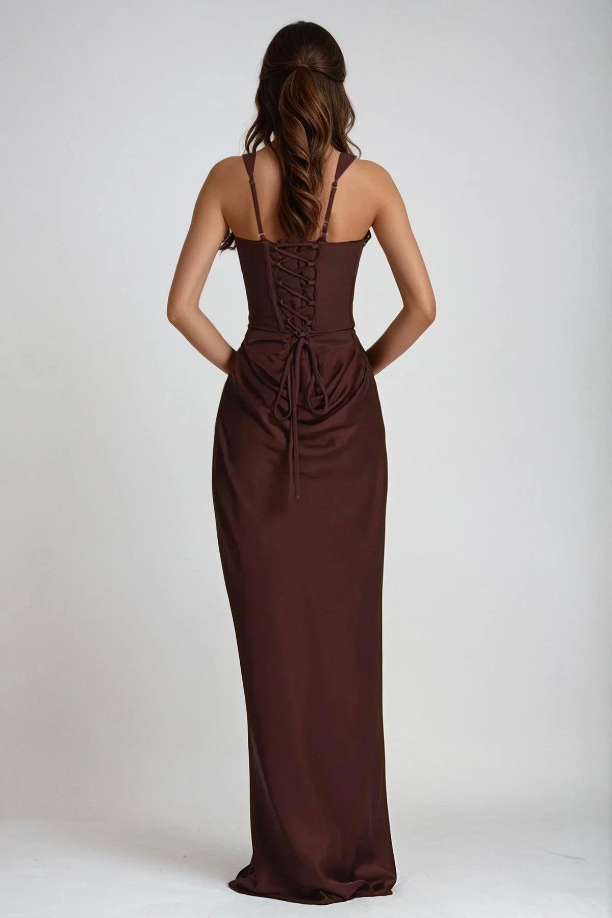 Back view of the brown dress with criss-cross corset lacing, adjustable straps and hanging ties 7
