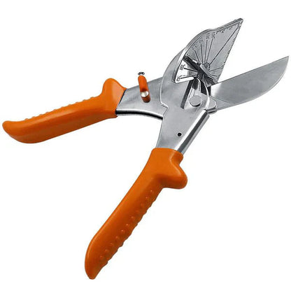 Shears opened wide, showing the long blade, angle scale and orange textured grips from above 2
