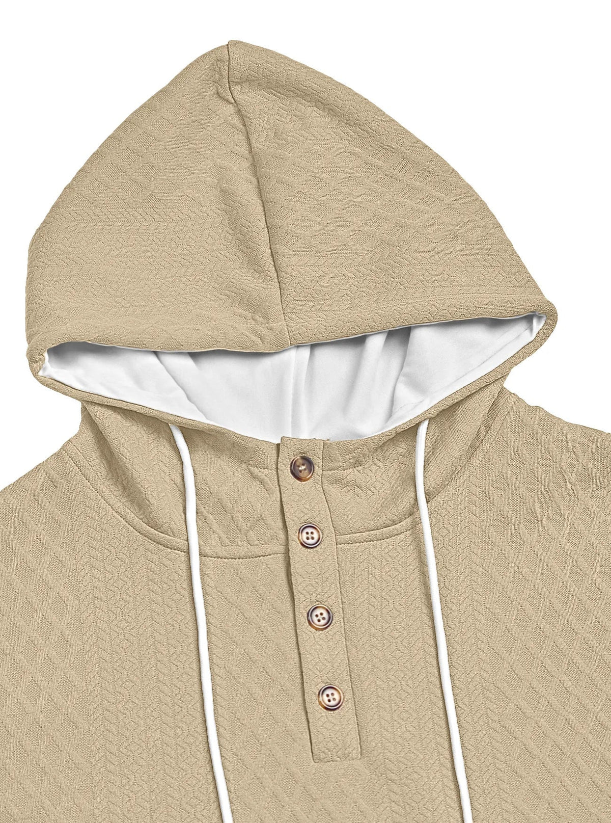 Close-up of the beige textured hood, white lining, drawcords and four-button placket 24