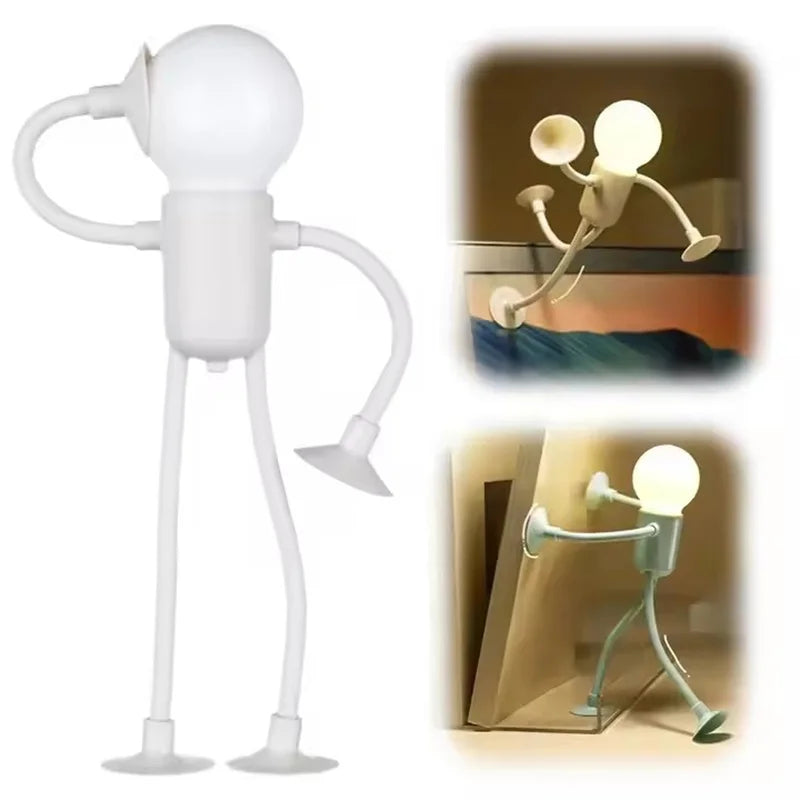 White bendy figure light with a bulb head, plus two inset shots of it posed on walls 24