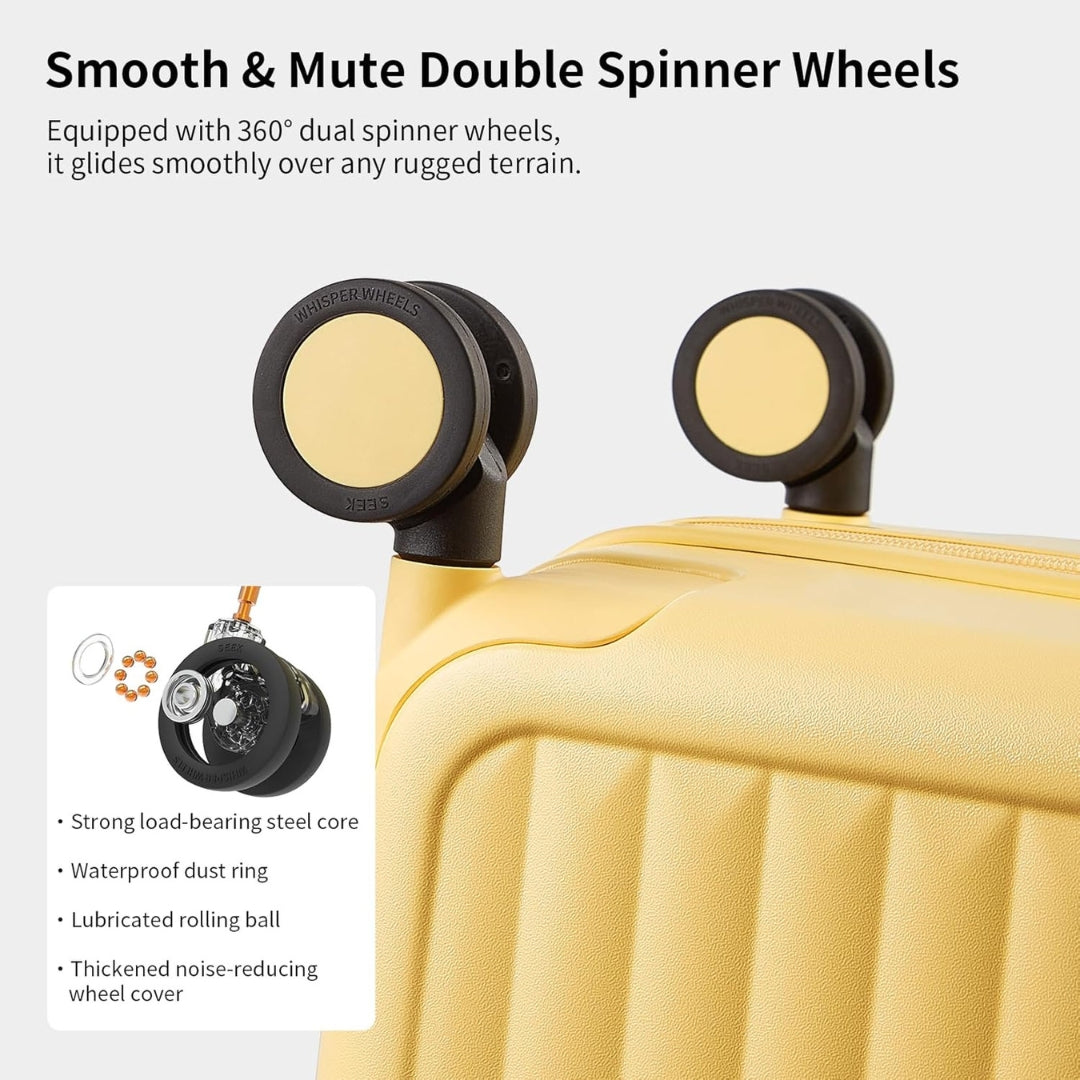 Airport-approved 55 cm hand luggage with a 30:70 split and a three-part polycarbonate hard shell.