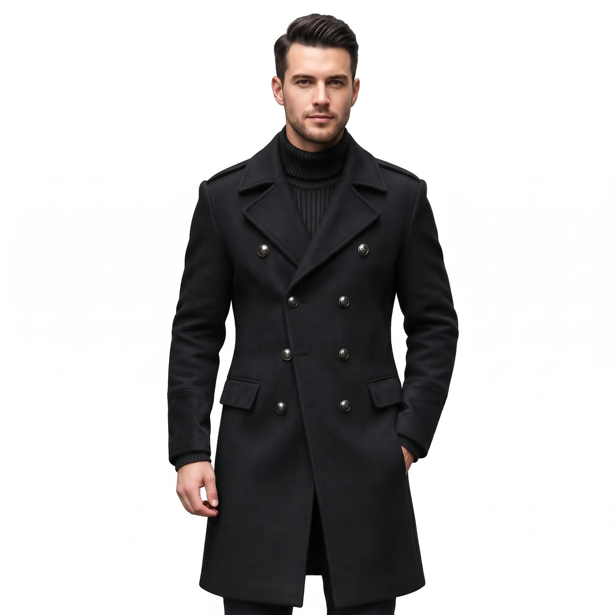 Man wearing the overcoat in black with metal buttons, notch lapels and flap pockets over a black roll-neck 24