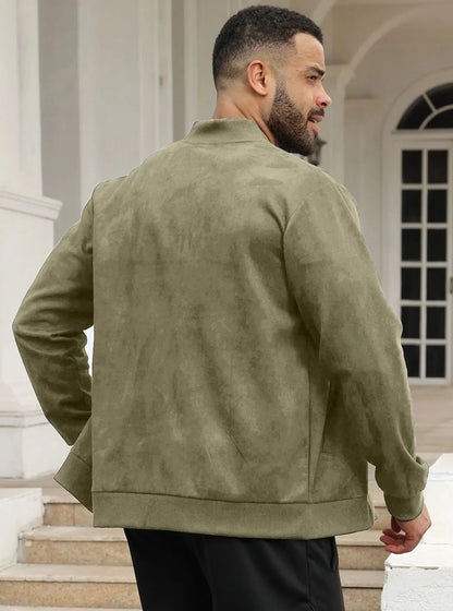 Man seen from behind in the olive green jacket, standing on steps by white columns 24