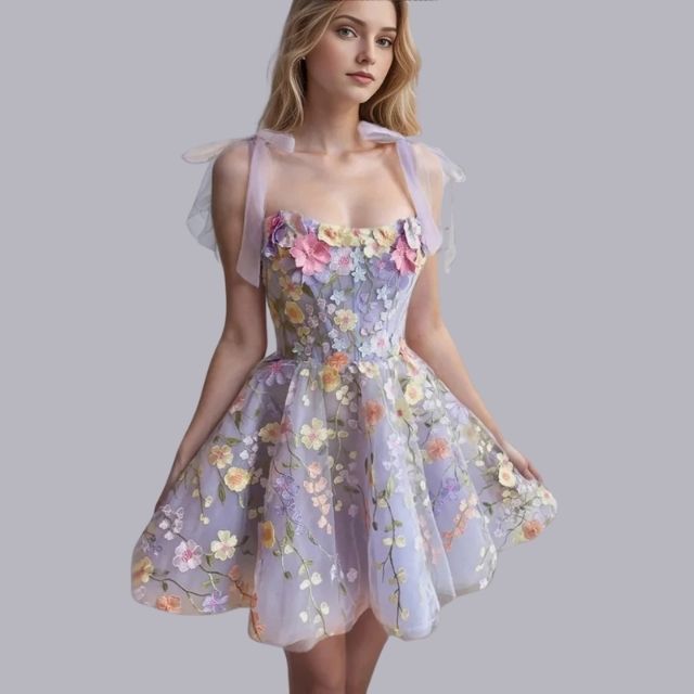 Tulle Cocktail Dress with Floral Appliqués - Rosalie