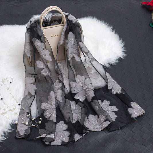 Autumnal ladies' silk scarf with floral pattern and cut-out design – Fiora (Buy one, get one free)