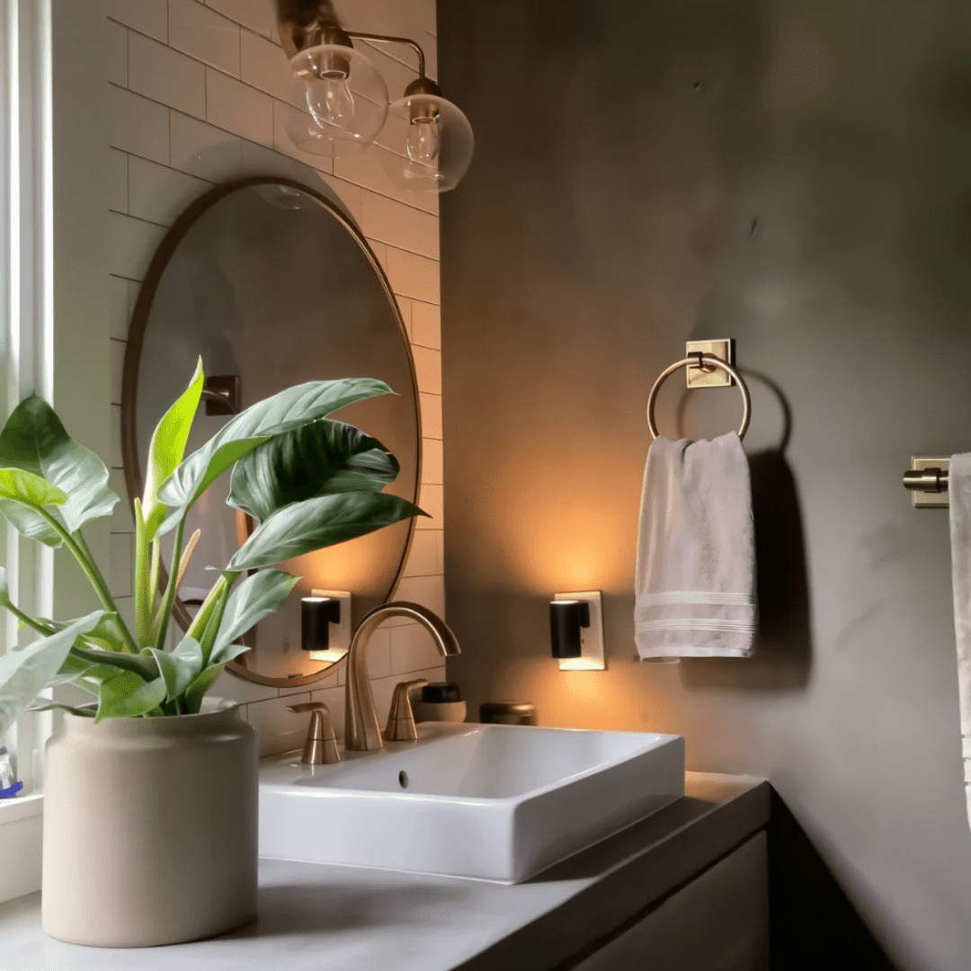 Two small black plug-in lights glowing warmly in a bathroom with round mirror, basin and plant 6