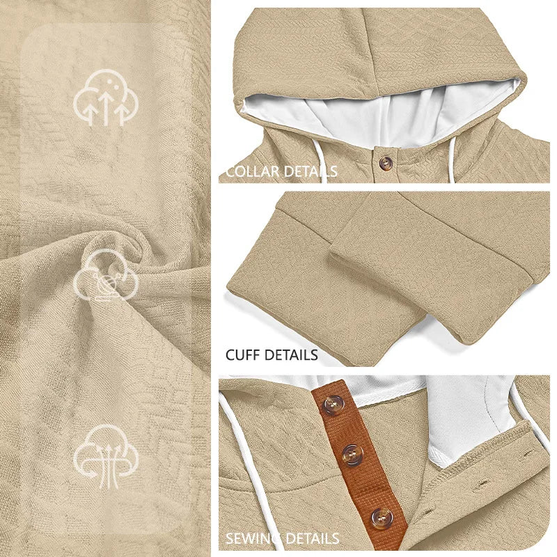 Beige hoodie detail collage showing fabric texture, collar, cuff and stitching close-ups with feature icons 25