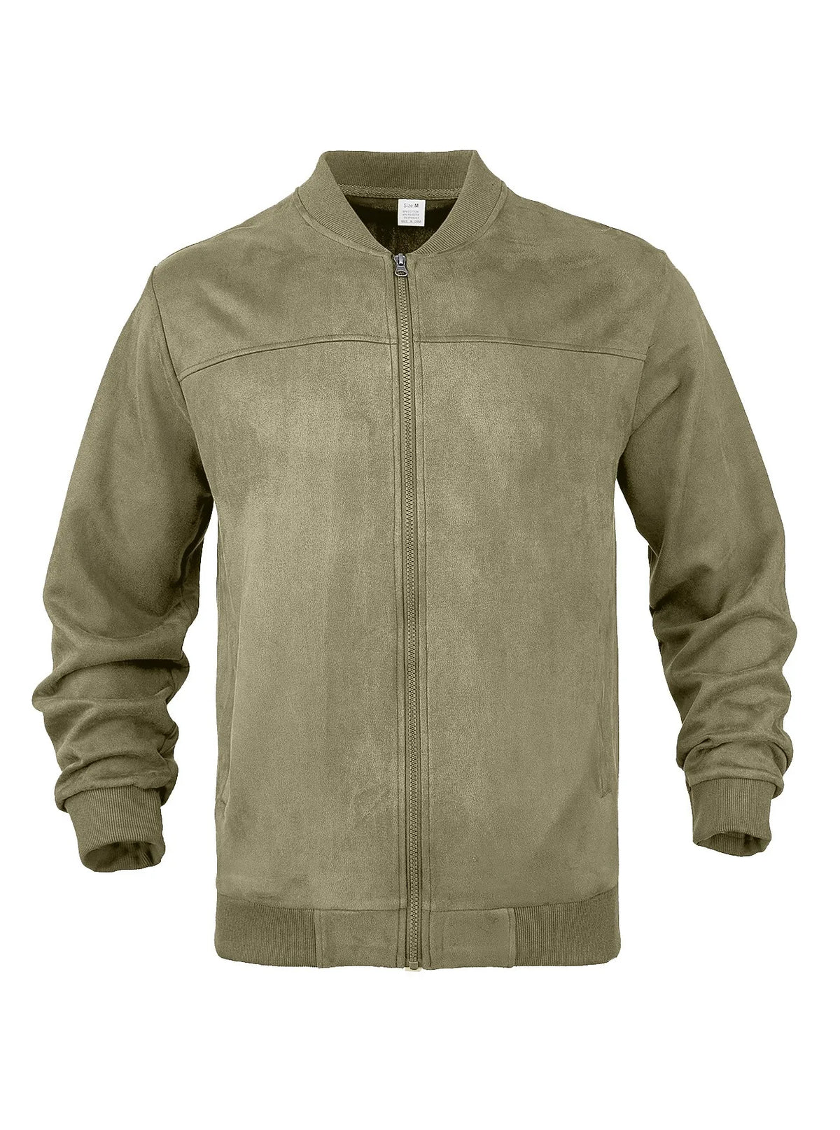 Olive green zip-up jacket laid flat from the front, with ribbed collar, cuffs and hem 25