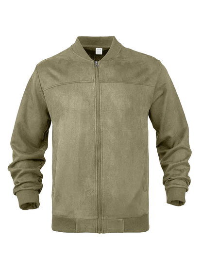 Olive green zip-up jacket laid flat from the front, with ribbed collar, cuffs and hem 25