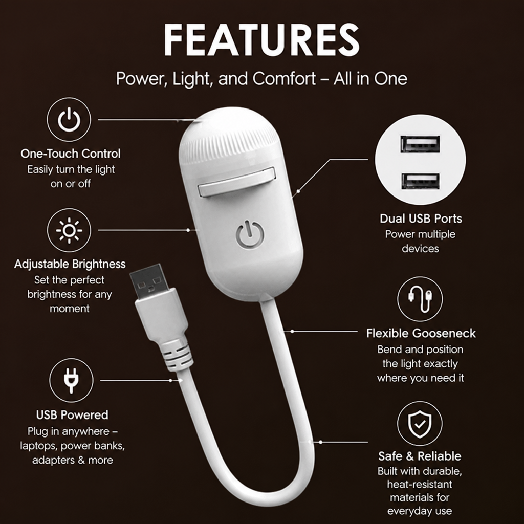 Feature diagram of the white projector with its USB plug, with icons and callouts for touch control, brightness, dual ports and the flexible gooseneck. 7
