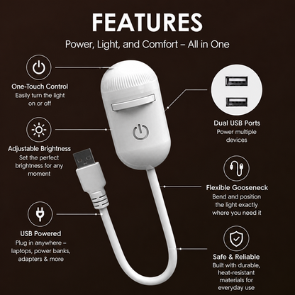 Feature diagram of the white projector with its USB plug, with icons and callouts for touch control, brightness, dual ports and the flexible gooseneck. 7