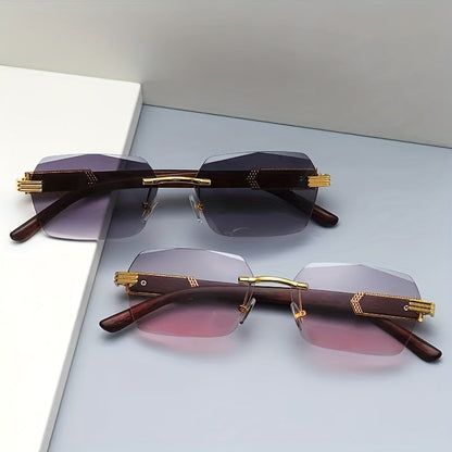 Rimless sunglasses with rectangular lenses and faux-wood temples – Verro