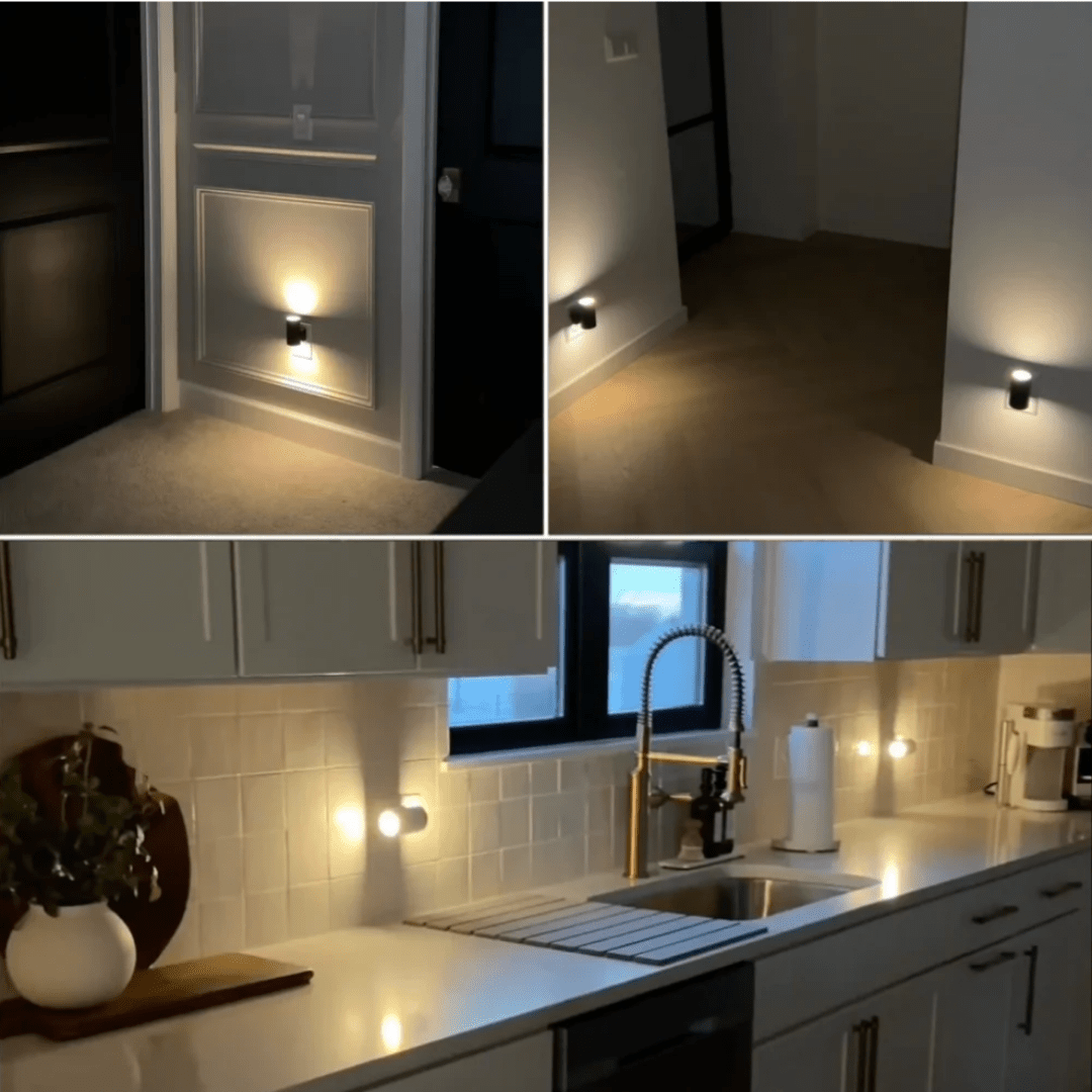 Collage of black plug-in lights lighting a doorway, a corridor and a kitchen worktop at night 7