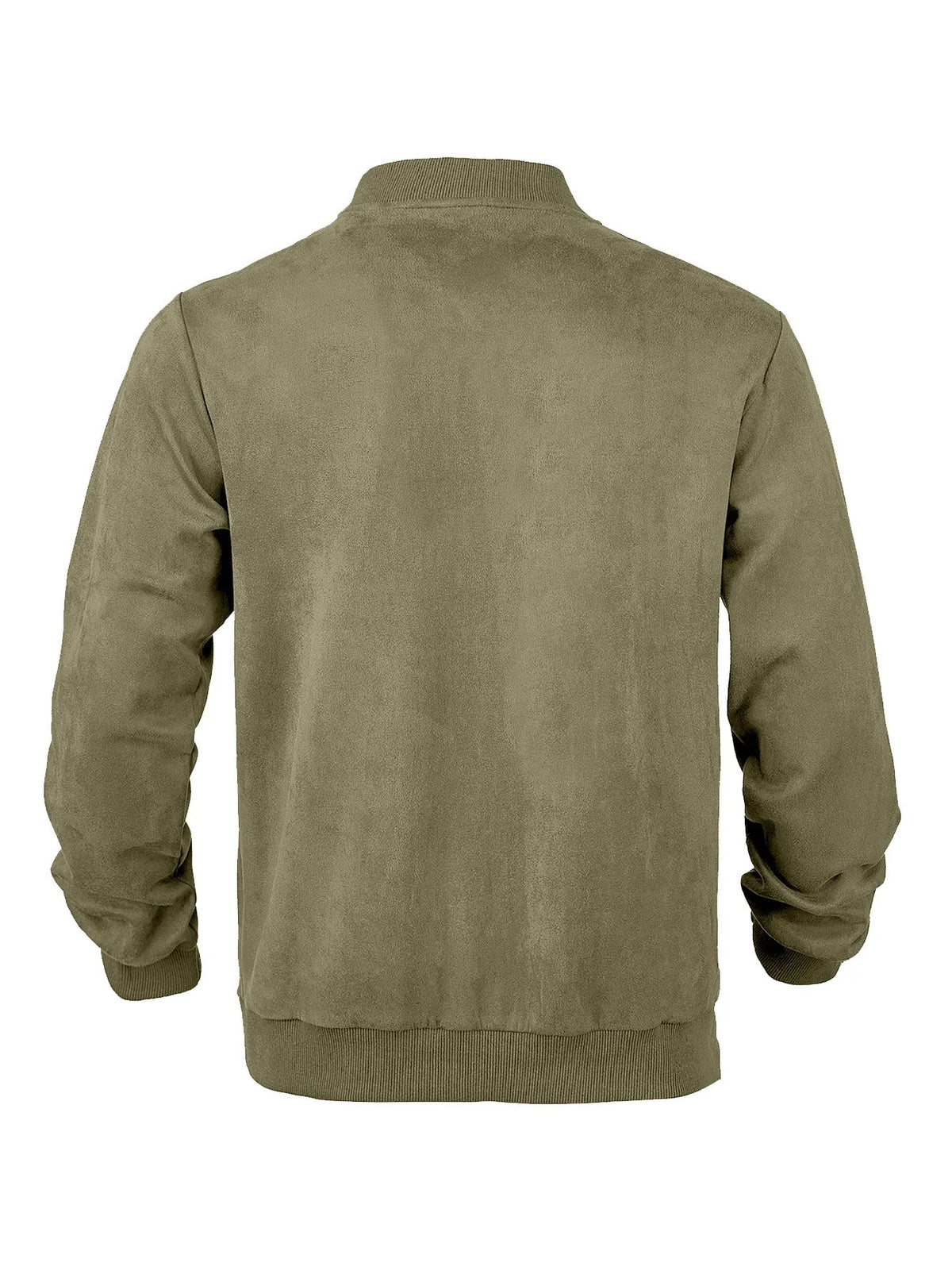 Back view of the olive green jacket laid flat, showing plain back panel and ribbed hem 26