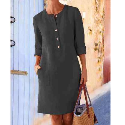 Stylish autumnal women's casual dress with pockets & round neckline – Niva
