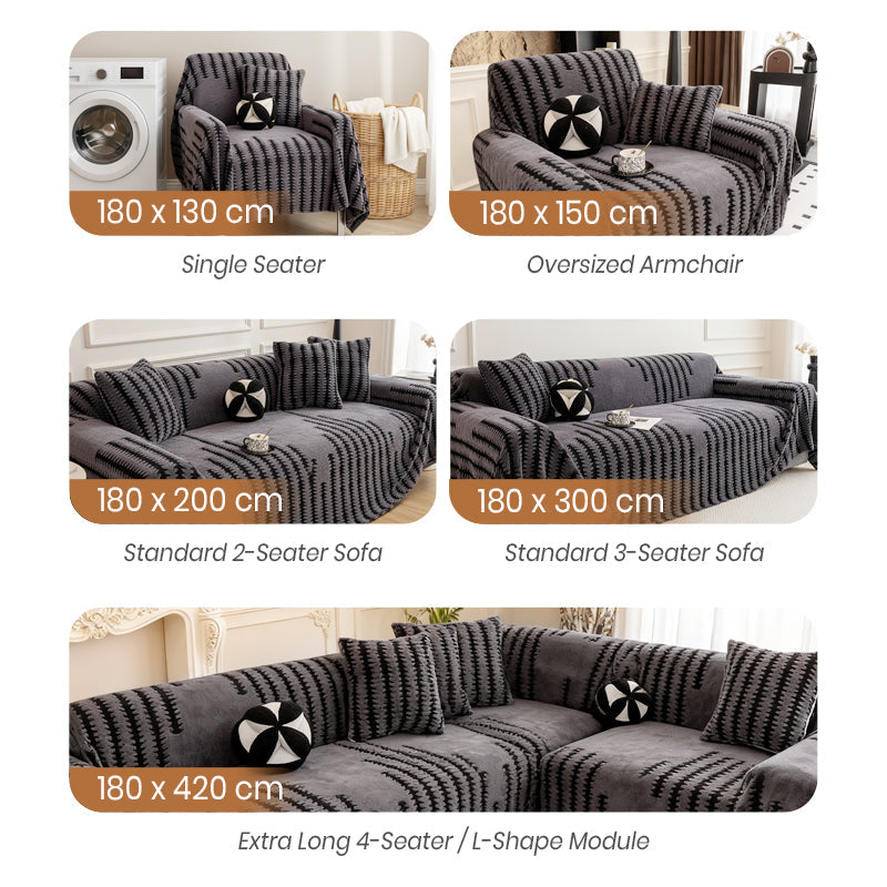 Five sofa and armchair sizes shown with the grey cover, from single seater to extra long four-seater 7