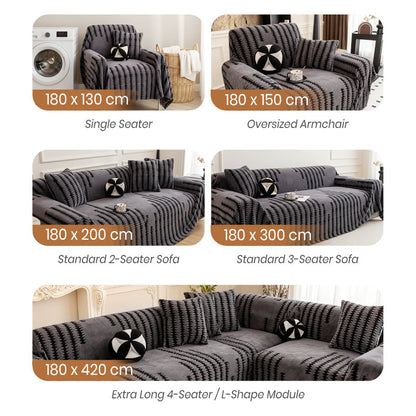 Five sofa and armchair sizes shown with the grey cover, from single seater to extra long four-seater 7