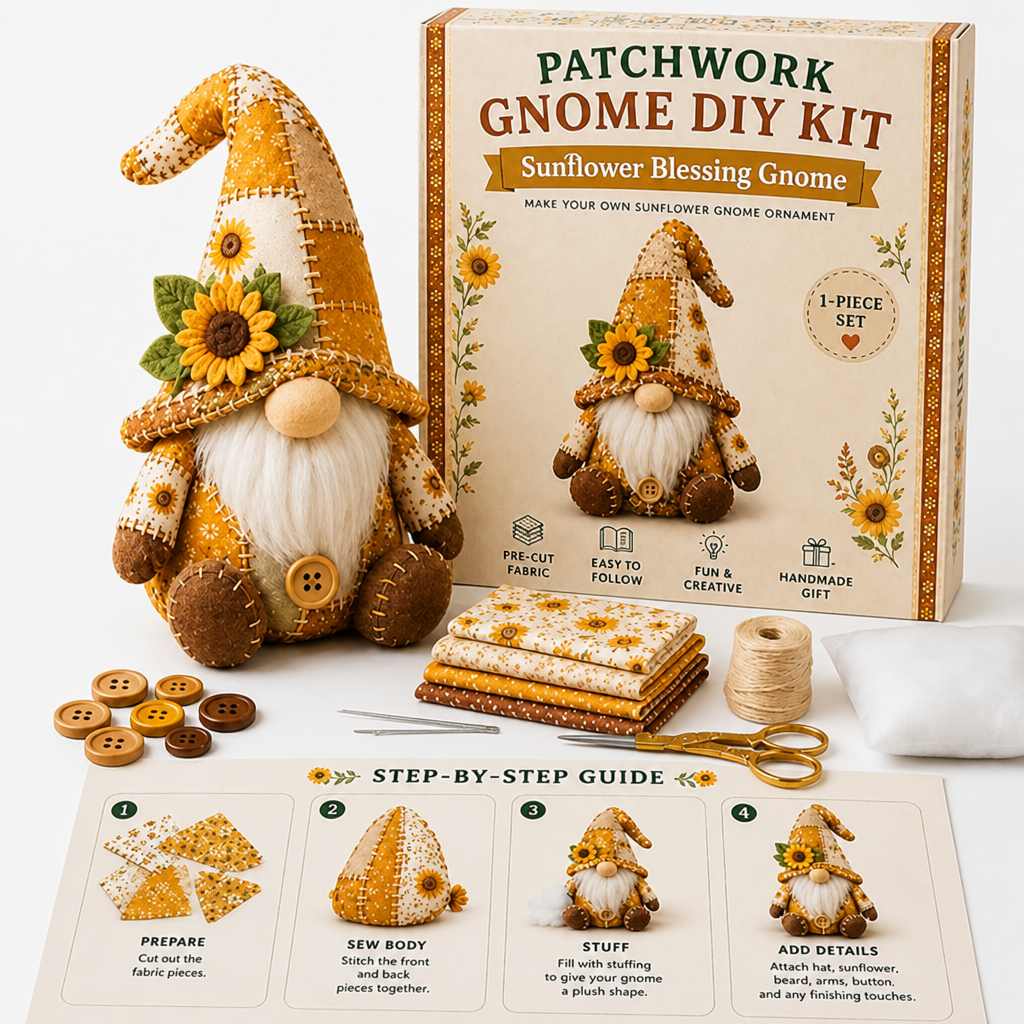 Golden sunflower gnome with a felt flower on its hat, displayed with its boxed kit and sewing supplies 9